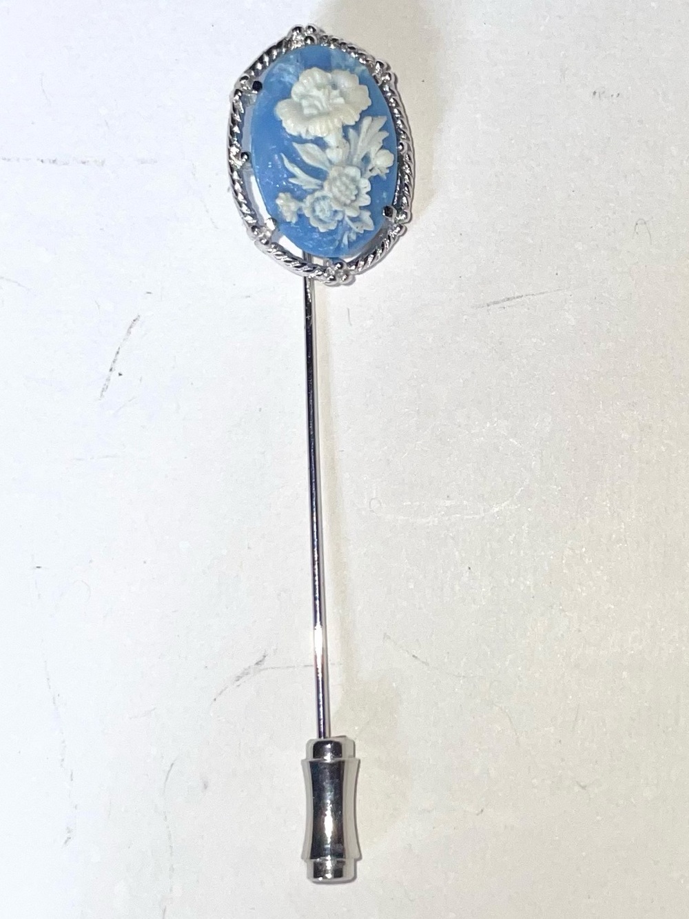 Rare Vintage Floral Wedgwood Jasperware Blue Flower Cameo Silver Stickpin Brooch